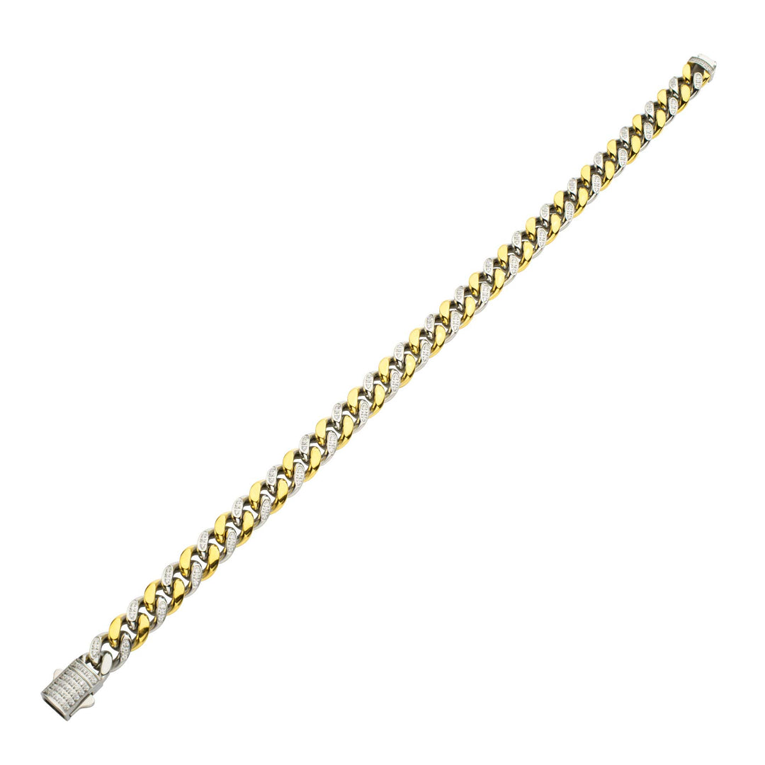 18Kt Gold IP Steel Miami Cuban Chain Bracelet with 1mm CNC Set Clear Cubic Zirconia