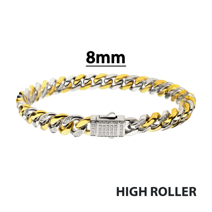 18Kt Gold IP Steel Miami Cuban Chain Bracelet with 1mm CNC Set Clear Cubic Zirconia