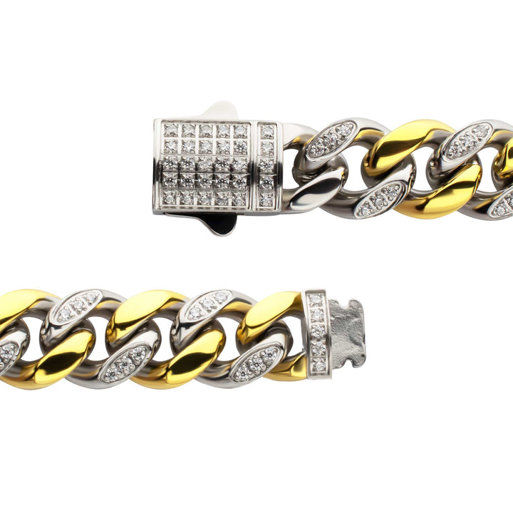 18Kt Gold IP Steel Miami Cuban Chain Bracelet with 1mm CNC Set Clear Cubic Zirconia