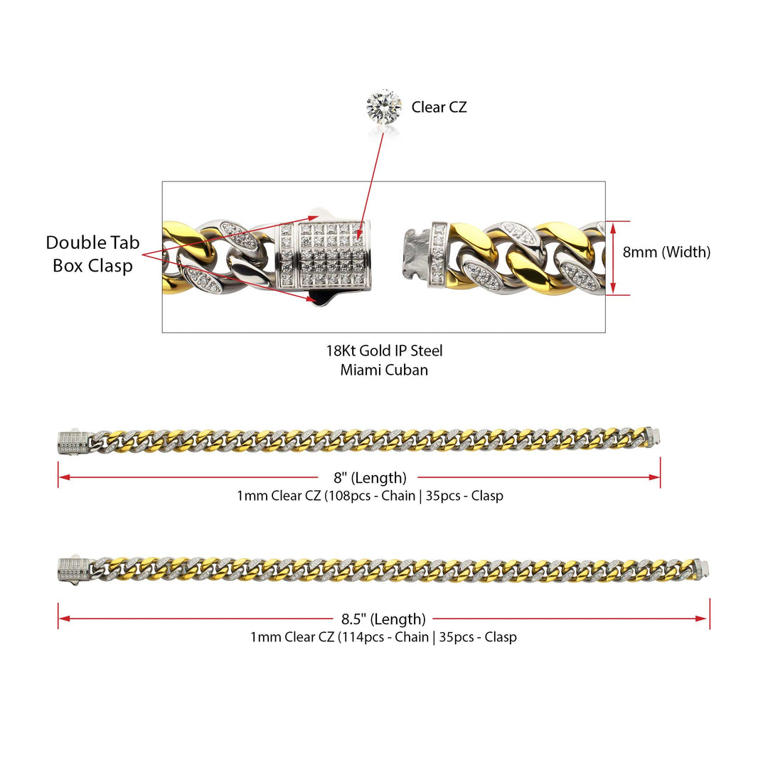 18Kt Gold IP Steel Miami Cuban Chain Bracelet with 1mm CNC Set Clear Cubic Zirconia