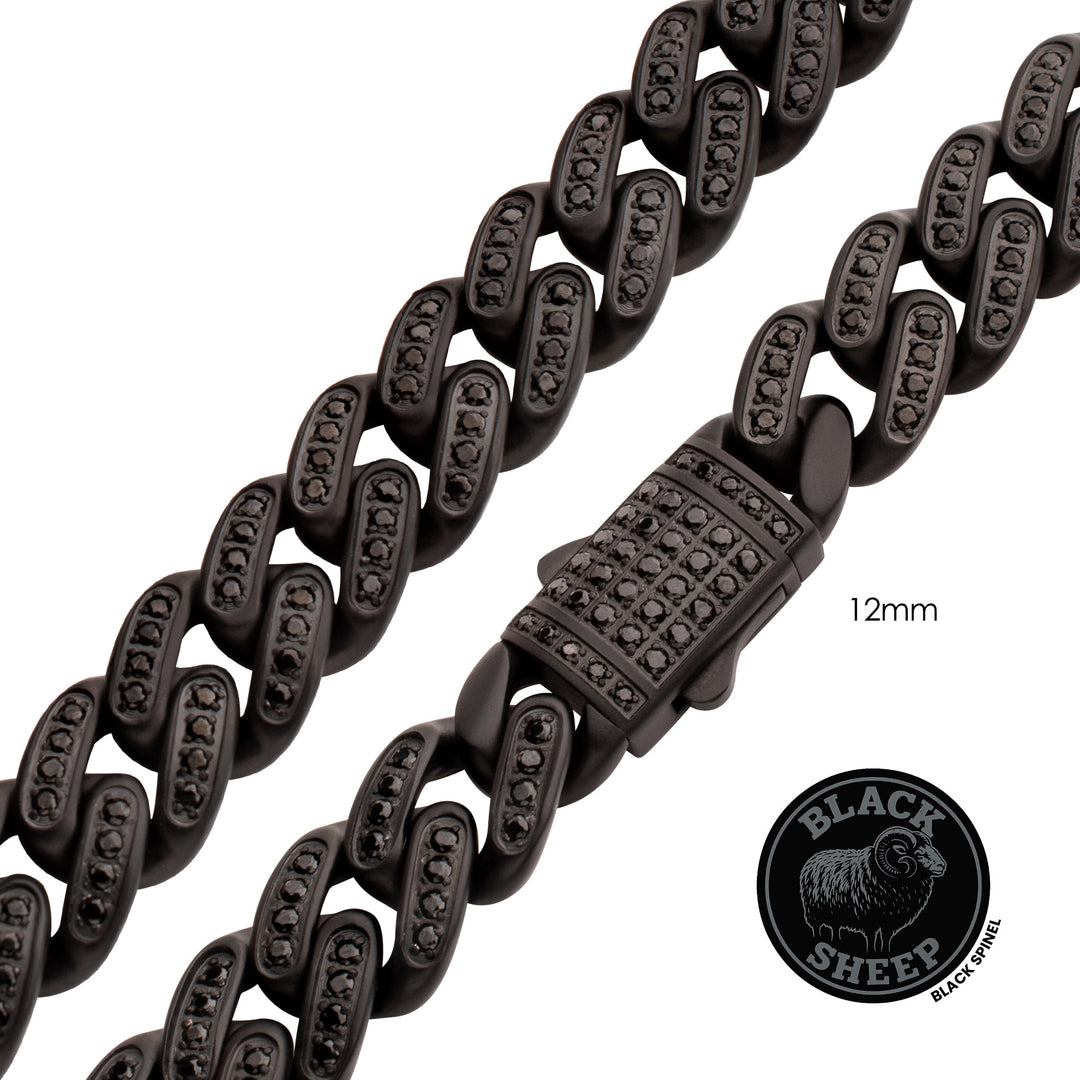 12mm Matte Blackout Miami Cuban Chain Necklace with CNC Set Black Spinel