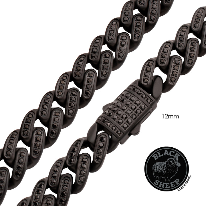 12mm Matte Blackout Miami Cuban Chain Necklace with CNC Set Black Spinel