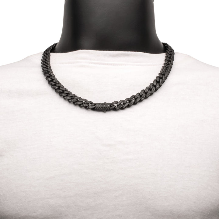 12mm Matte Blackout Miami Cuban Chain Necklace with CNC Set Black Spinel