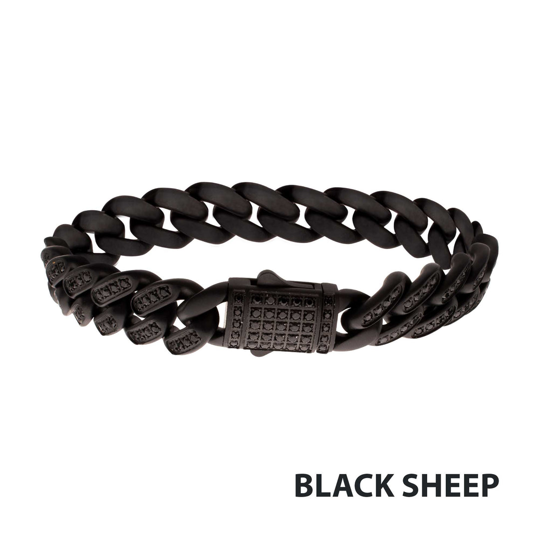 12mm Matte Blackout Miami Cuban Chain Bracelet with CNC-set Black Spinel Stones