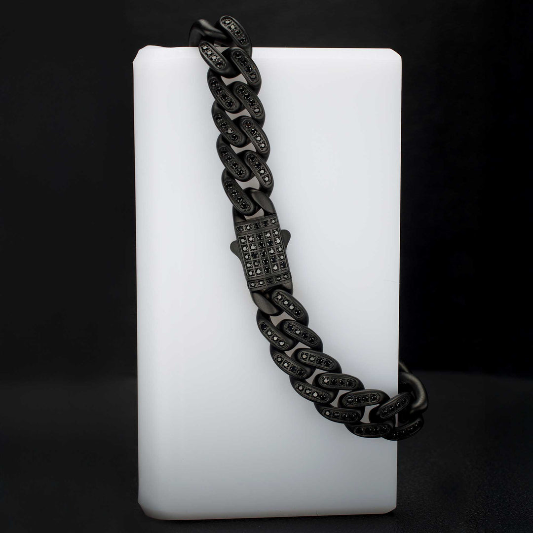 12mm Matte Blackout Miami Cuban Chain Bracelet with CNC-set Black Spinel Stones