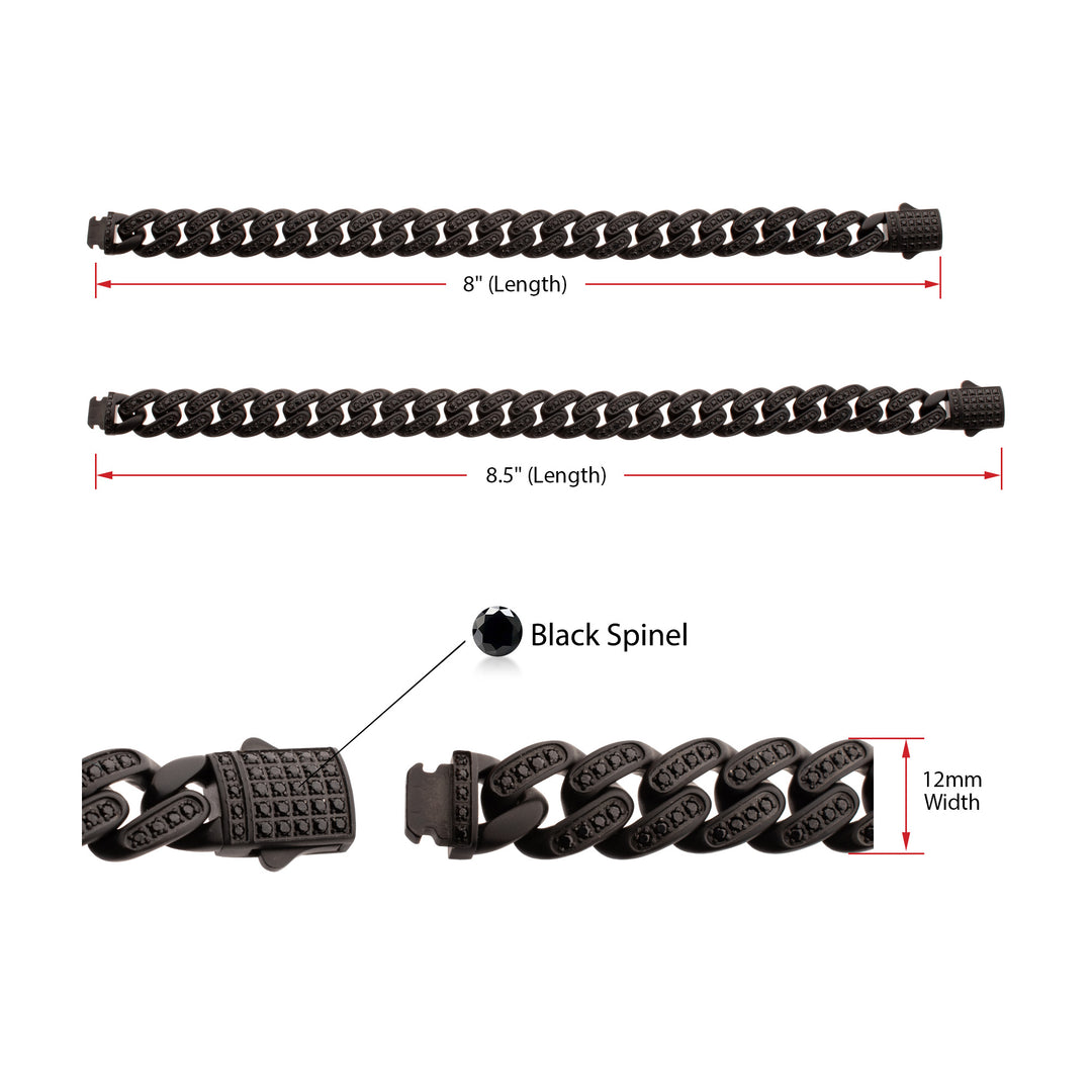 12mm Matte Blackout Miami Cuban Chain Bracelet with CNC-set Black Spinel Stones
