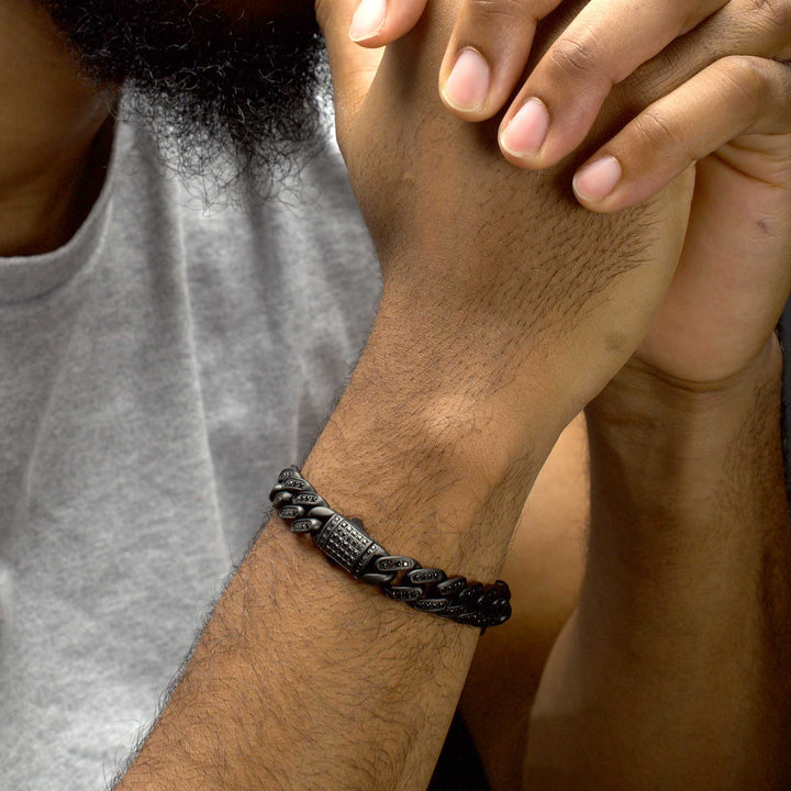 12mm Matte Blackout Miami Cuban Chain Bracelet with CNC-set Black Spinel Stones