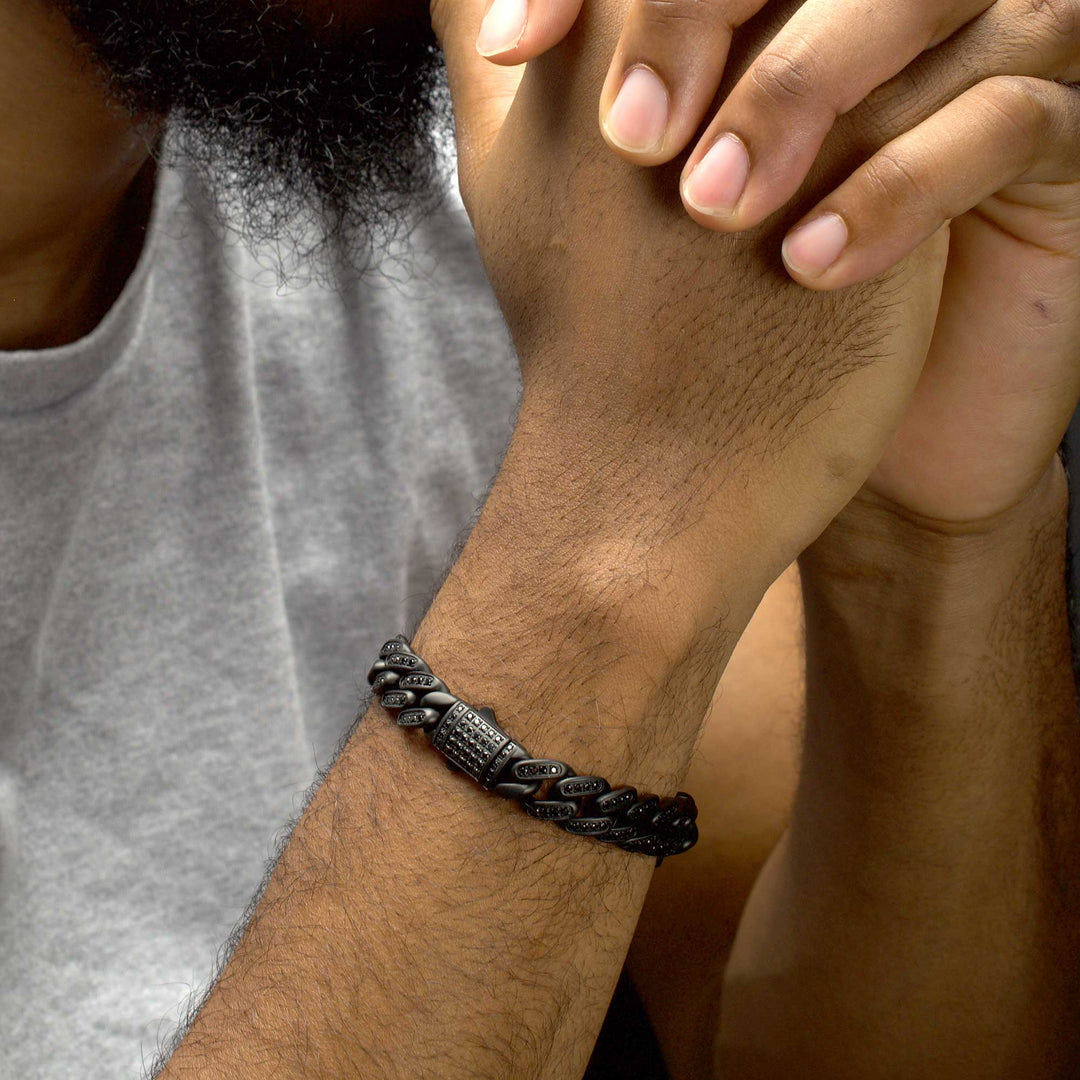 12mm Matte Blackout Miami Cuban Chain Bracelet with CNC-set Black Spinel Stones