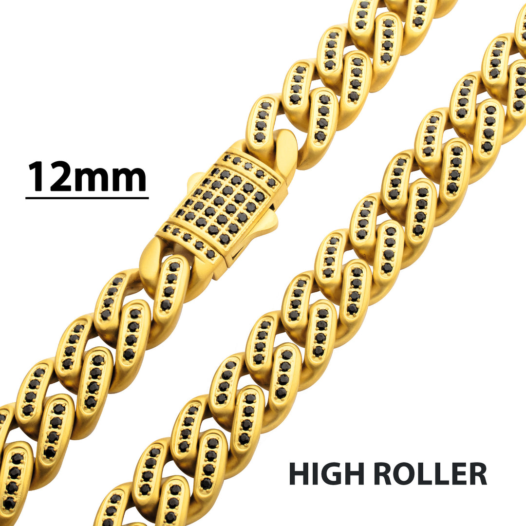 JAGUAR-HIGH ROLLER: 12mm 18Kt Gold IP Steel Miami Cuban with Black Spinel Chain Necklace