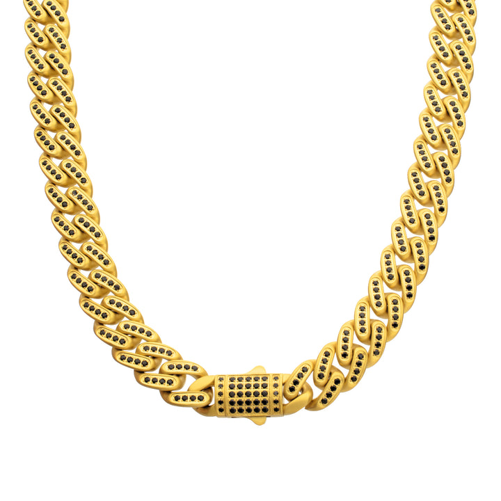 JAGUAR-HIGH ROLLER: 12mm 18Kt Gold IP Steel Miami Cuban with Black Spinel Chain Necklace