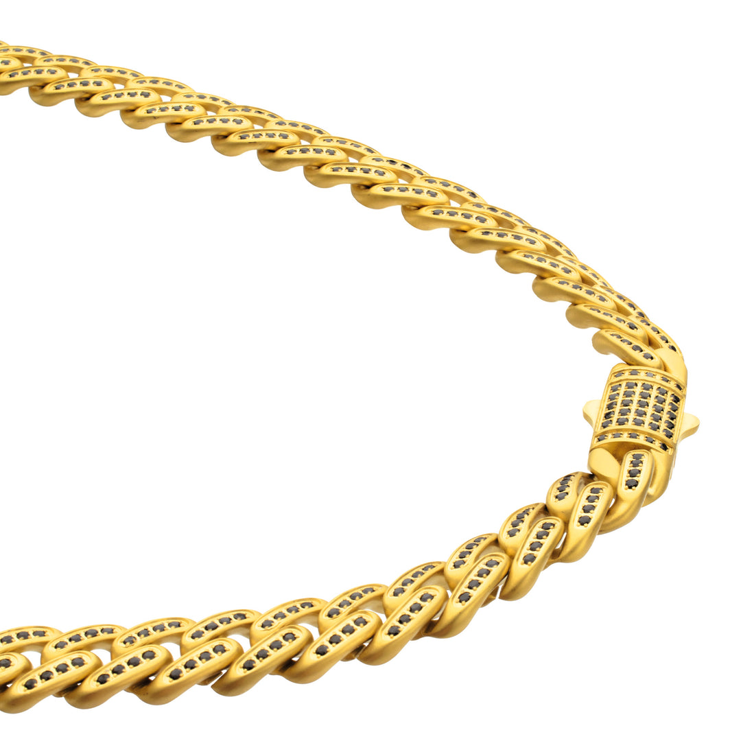 JAGUAR-HIGH ROLLER: 12mm 18Kt Gold IP Steel Miami Cuban with Black Spinel Chain Necklace