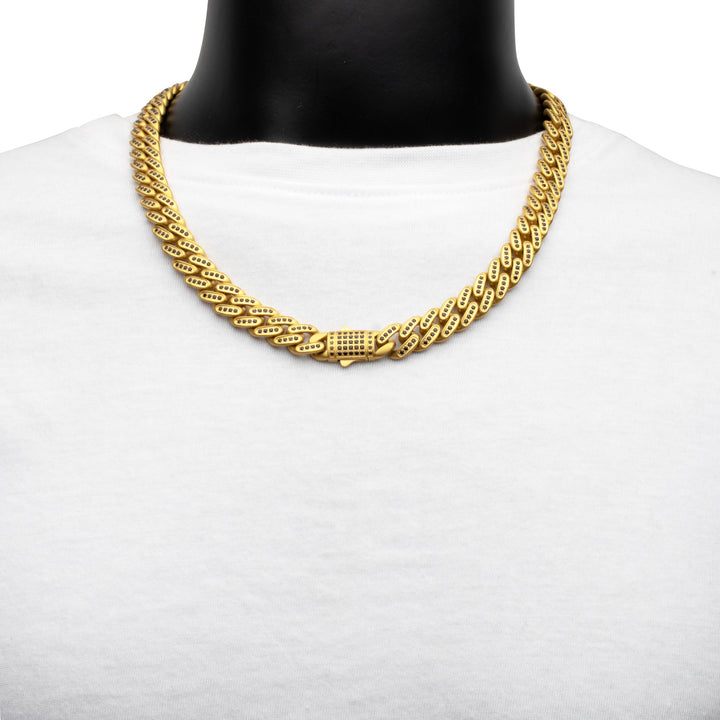 JAGUAR-HIGH ROLLER: 12mm 18Kt Gold IP Steel Miami Cuban with Black Spinel Chain Necklace