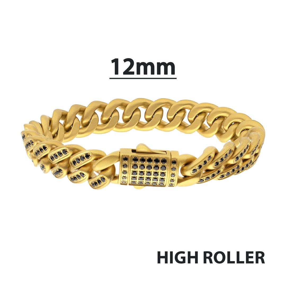 JAGUAR-HIGH ROLLER: 12mm 18Kt Gold IP Steel Miami Cuban with Black Spinel Chain Bracelet