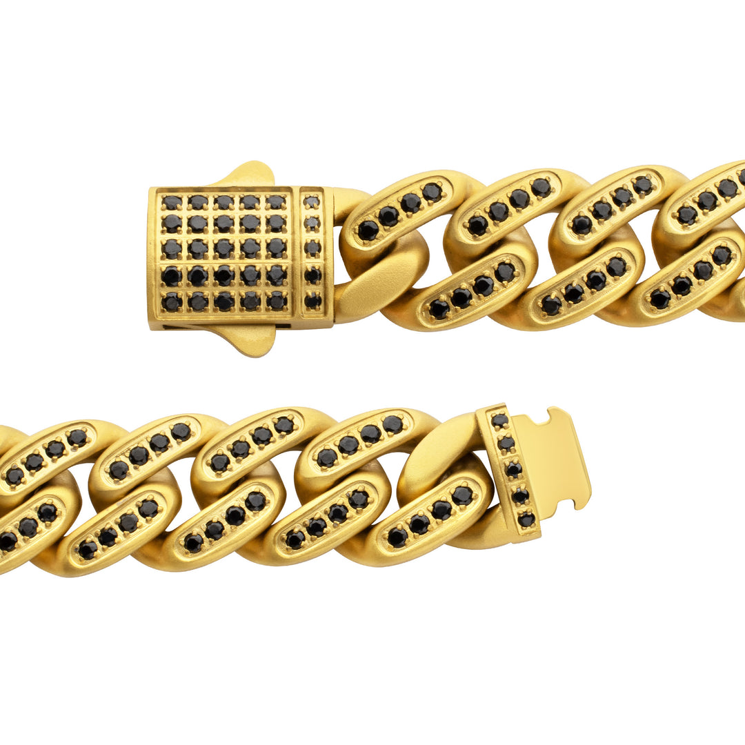 JAGUAR-HIGH ROLLER: 12mm 18Kt Gold IP Steel Miami Cuban with Black Spinel Chain Bracelet