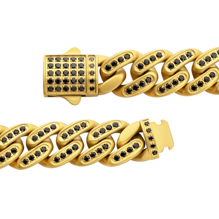 JAGUAR-HIGH ROLLER: 12mm 18Kt Gold IP Steel Miami Cuban with Black Spinel Chain Bracelet