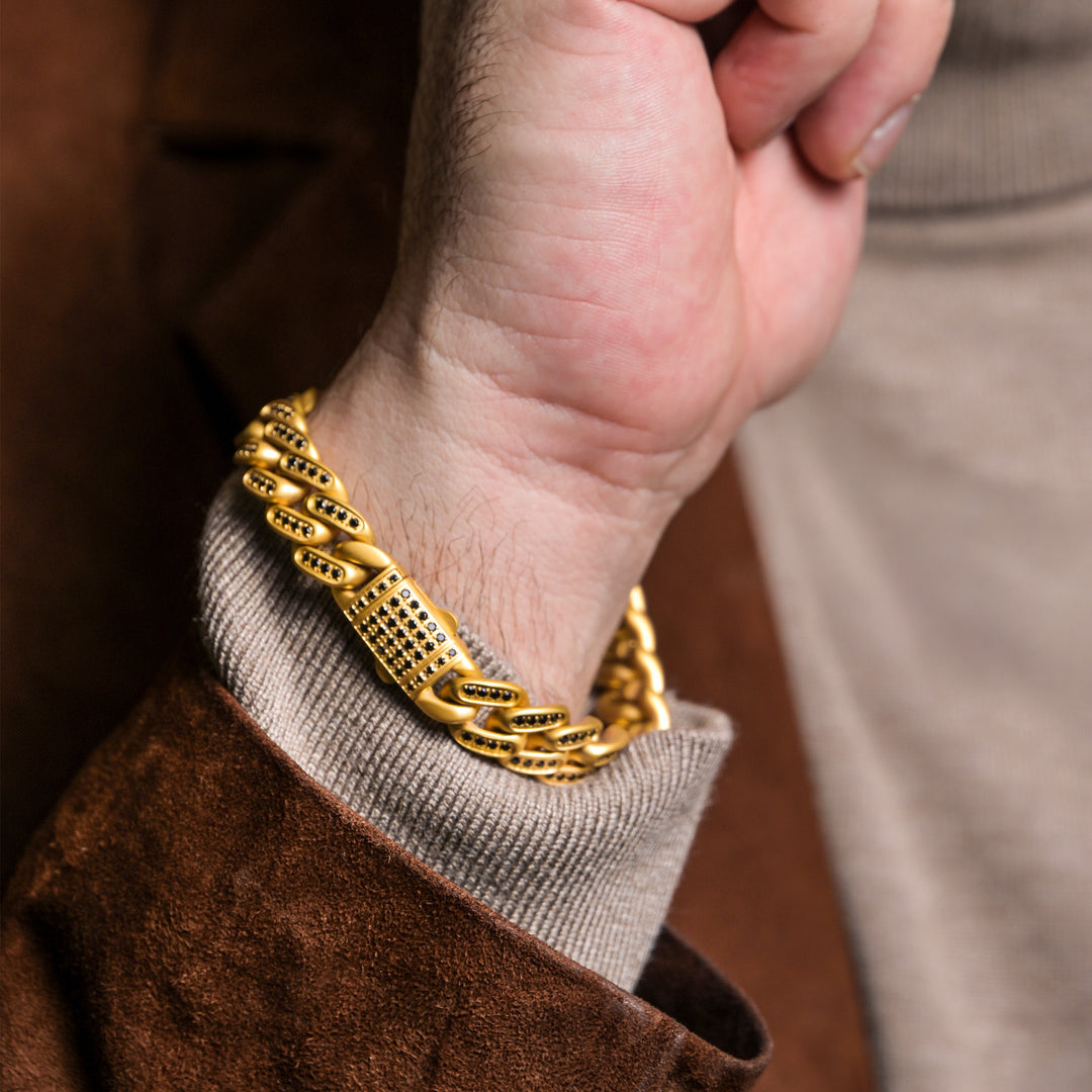 JAGUAR-HIGH ROLLER: 12mm 18Kt Gold IP Steel Miami Cuban with Black Spinel Chain Bracelet