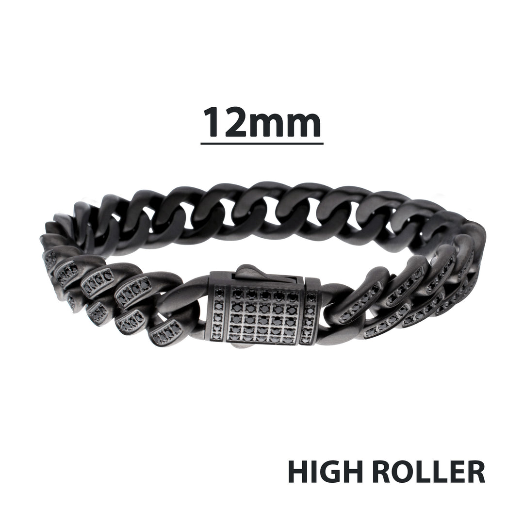 MAMBA -HIGH ROLLER: 12mm Gun Metal IP Steel Miami Cuban with Black Spinel Chain Bracelet