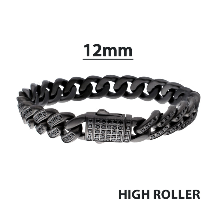 MAMBA -HIGH ROLLER: 12mm Gun Metal IP Steel Miami Cuban with Black Spinel Chain Bracelet