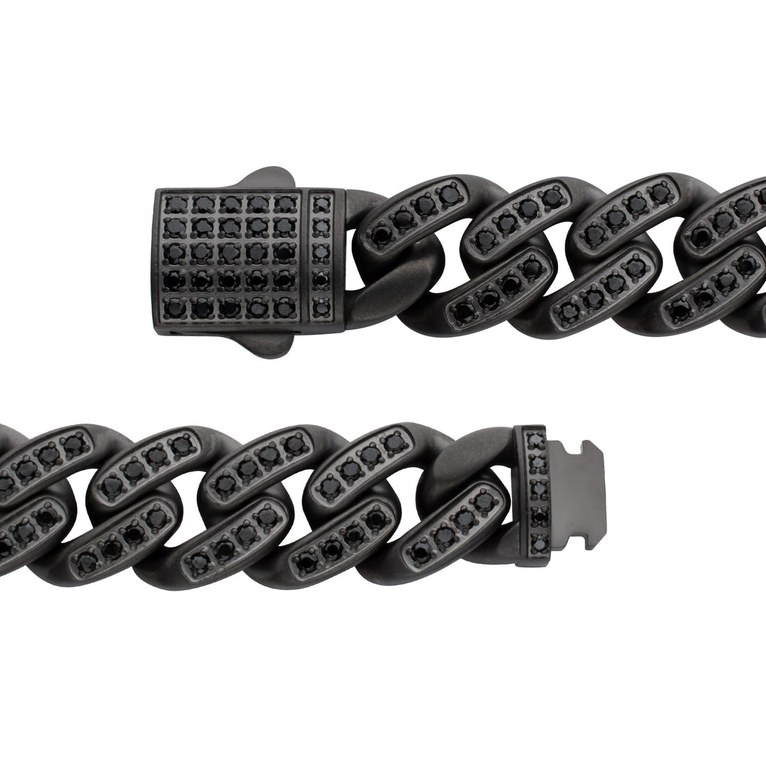 MAMBA -HIGH ROLLER: 12mm Gun Metal IP Steel Miami Cuban with Black Spinel Chain Bracelet