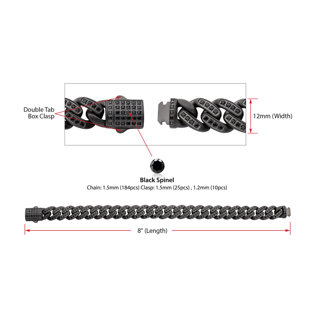 MAMBA -HIGH ROLLER: 12mm Gun Metal IP Steel Miami Cuban with Black Spinel Chain Bracelet