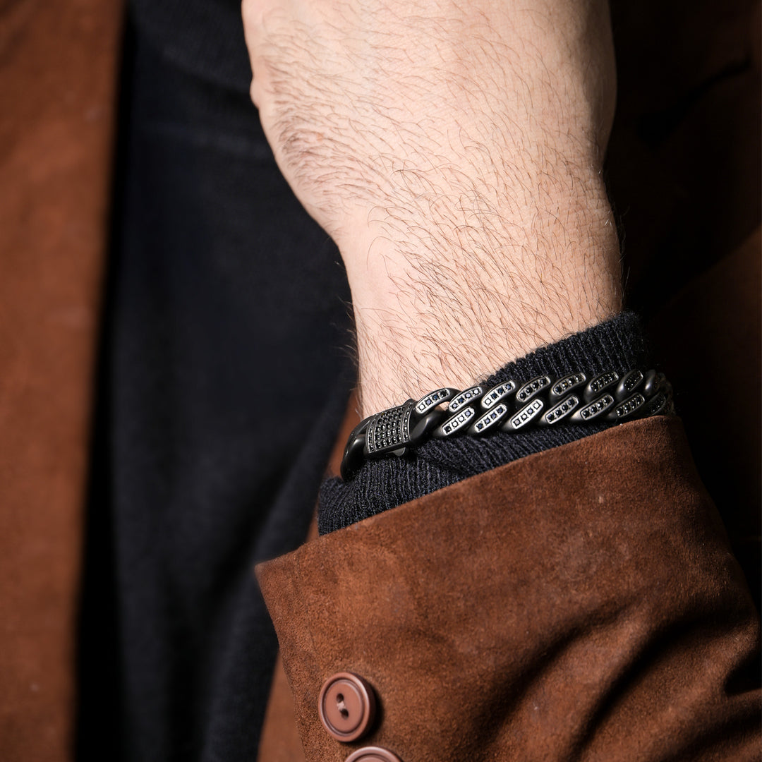 MAMBA -HIGH ROLLER: 12mm Gun Metal IP Steel Miami Cuban with Black Spinel Chain Bracelet