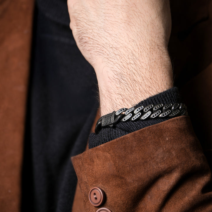 MAMBA -HIGH ROLLER: 12mm Gun Metal IP Steel Miami Cuban with Black Spinel Chain Bracelet