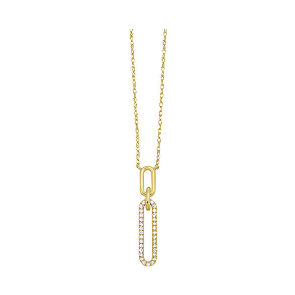 10KY diamond pendant,  1/10CTW-paperclip-inspired gold design accented with round pave diamonds