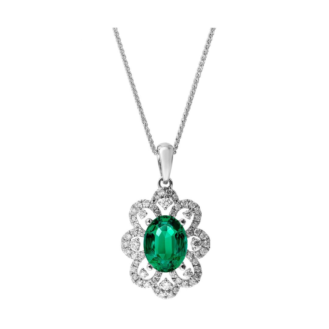 14Kt White Gold Diamond 1/3Ctw & Emerald 1Ctw Pendant