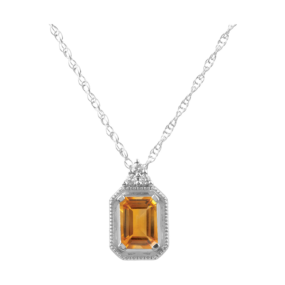 Silver White Diamond 1/50Ctw & Citrine 1 1/5Ctw Pendant
