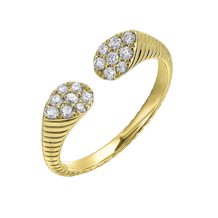 This exquisitely textured yellow gold ring is a royal masterpiece. Its band tapers towards two pear-shaped diamond clusters, converging to create a profile that captures the essence of regal charm.