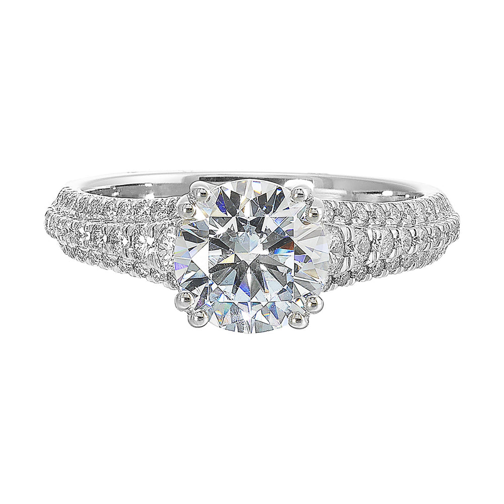 Three rows of micro pave diamonds tappering at the bottom adorns the shank highlighting the center diamond beautifully.