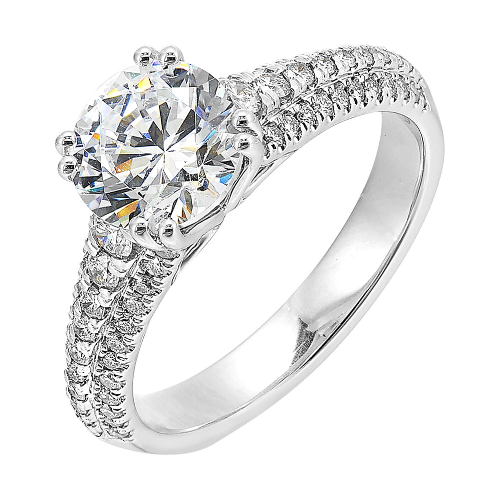 Three rows of micro pave diamonds tappering at the bottom adorns the shank highlighting the center diamond beautifully.