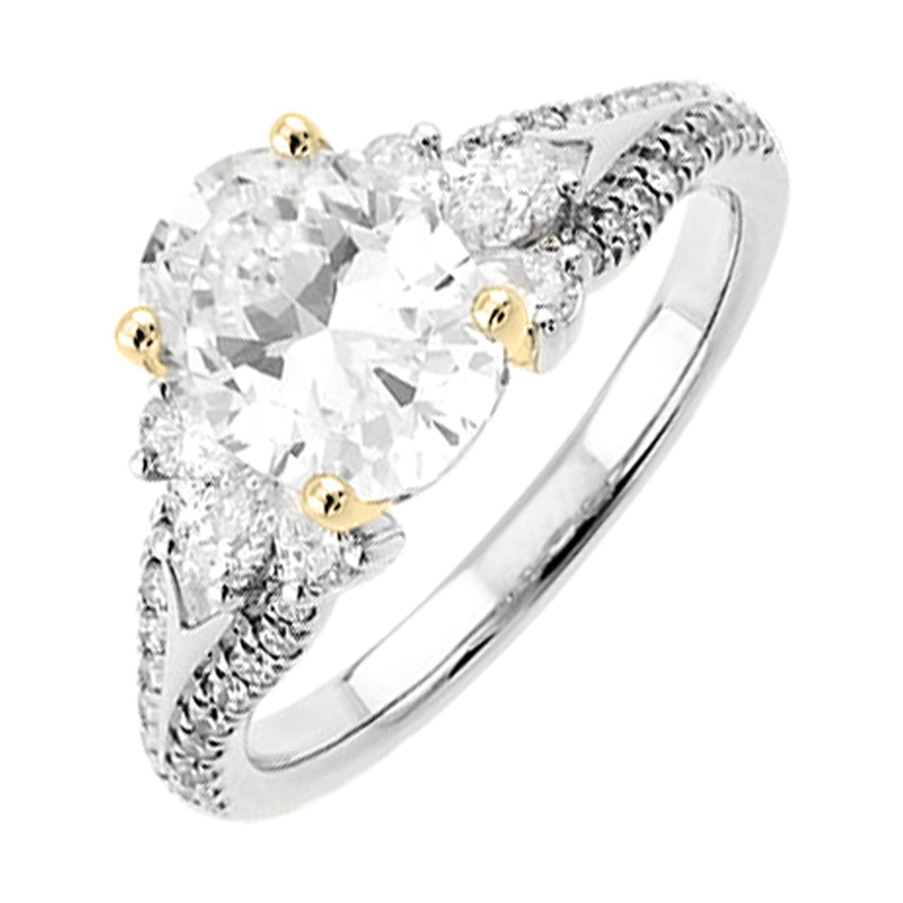 A stunning round solitaire is embraced by trio of fancy pear further adorned with a delicate split in the shank is sure to impress her.