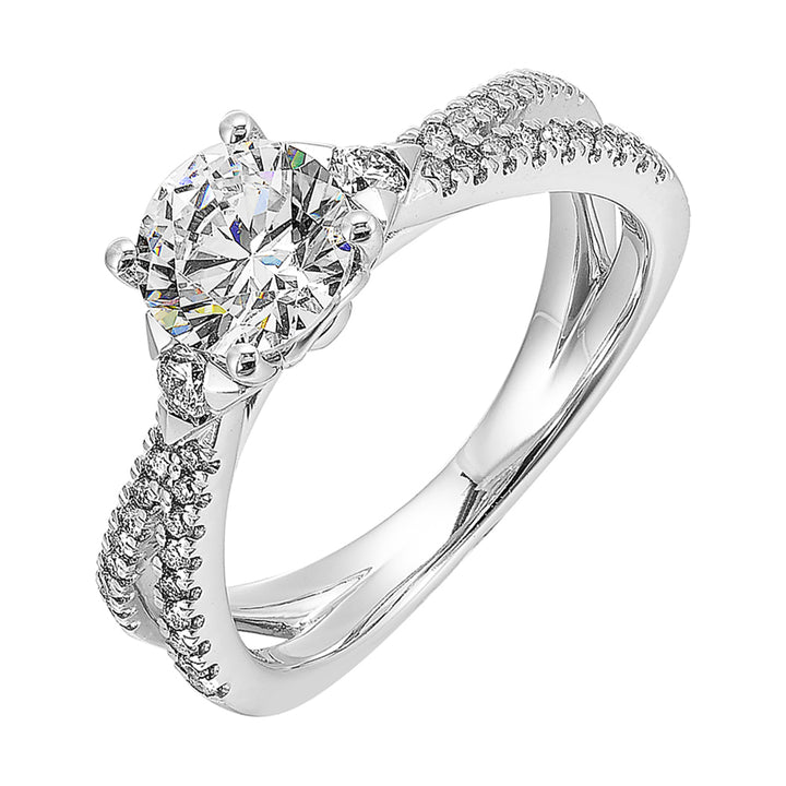 A split shank featuring two rows of diamond, sitting pretty right on top is the round solitare, with one round diamond on each side is sure a stunner.