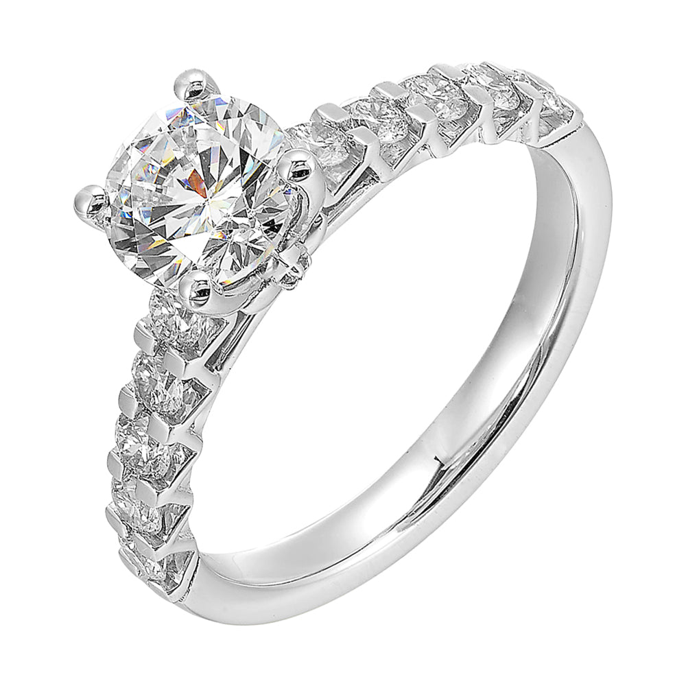 A solitaire takes center stage on a band elevated by diamonds set with common prongs along the shank is a timeless beauty.