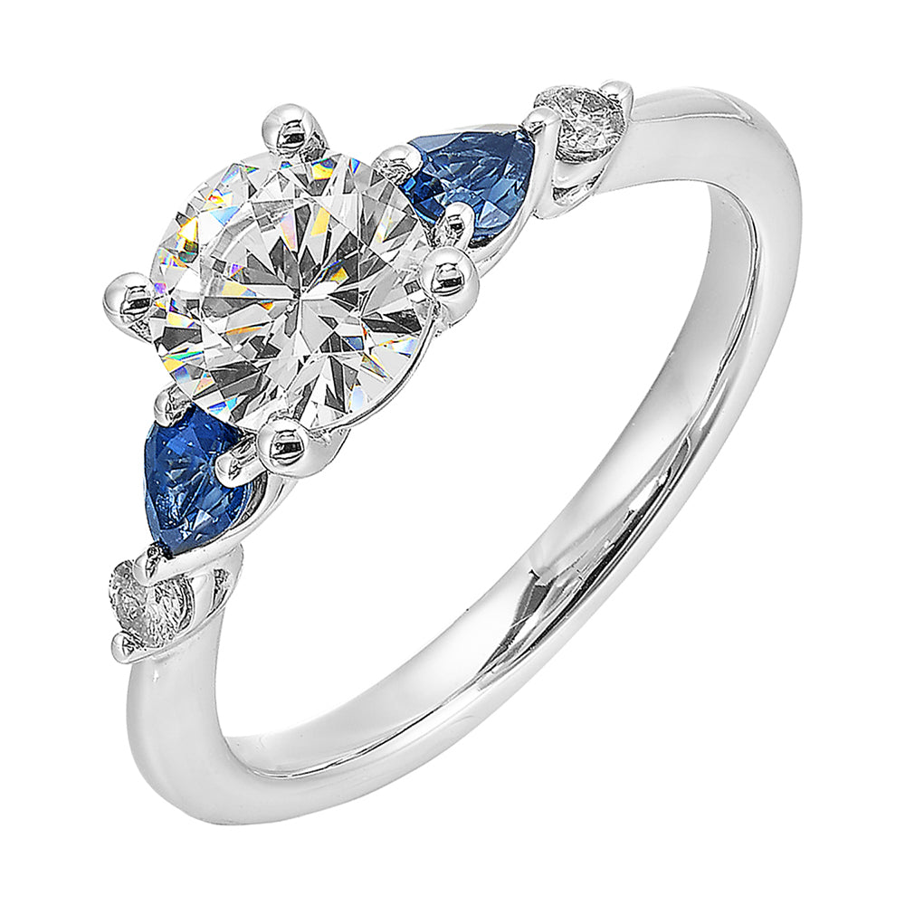 Colourful celebration! This five stone ring features round solitaire diamonds followed by pear shape colorstone and a round diamond at the end, offers a touch of color to your personality.