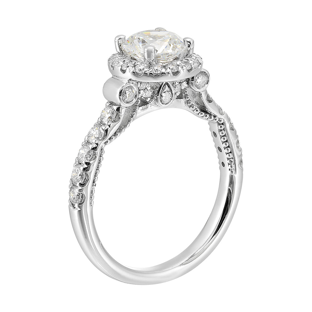 This rings beauty speaks for itself, solitaire halo with cathedral shank look and migraine details underneath are a true resemble of your love