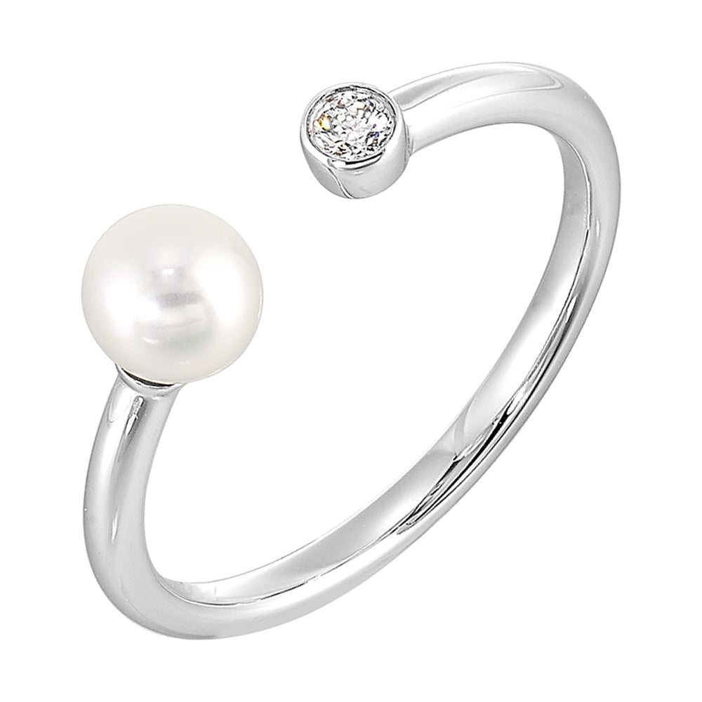 14Kt White Gold Diamond 1/20Ctw & Pearl Ring