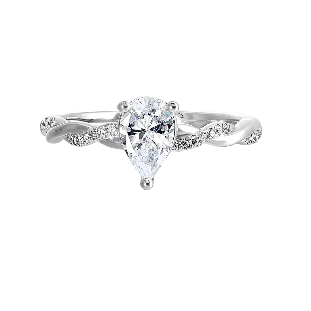 A pear cut diamond takes center stage,  embraced by a mesmerizing criss cross shank adorned with playfulness of diamond and gold.