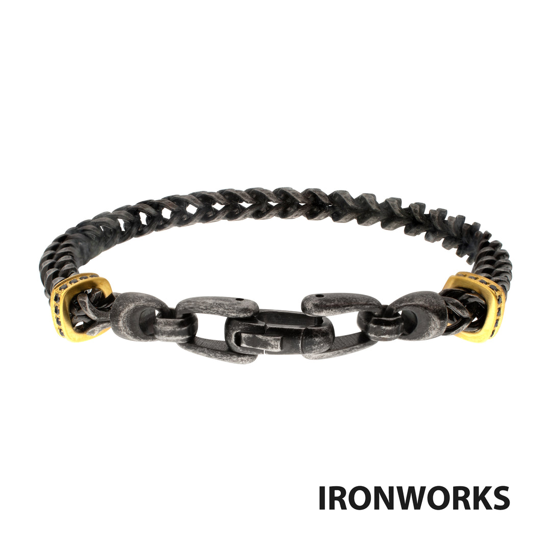 IRONWORKS-MASTER SERIES: Antiqued Steel Chevron Franco Chain Bracelet with Black Sapphire & 18Kt Gold IP Links