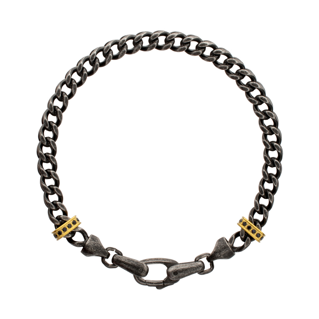 IRONWORKS-MASTER SERIES: Antiqued Steel Chevron Franco Chain Bracelet with Black Sapphire & 18Kt Gold IP Links