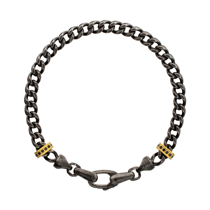 IRONWORKS-MASTER SERIES: Antiqued Steel Chevron Franco Chain Bracelet with Black Sapphire & 18Kt Gold IP Links