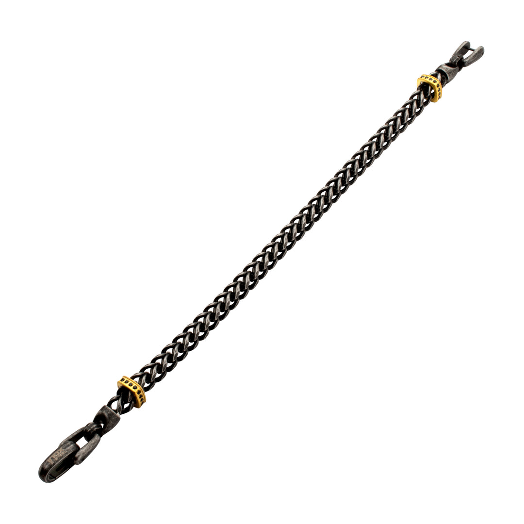 IRONWORKS-MASTER SERIES: Antiqued Steel Chevron Franco Chain Bracelet with Black Sapphire & 18Kt Gold IP Links