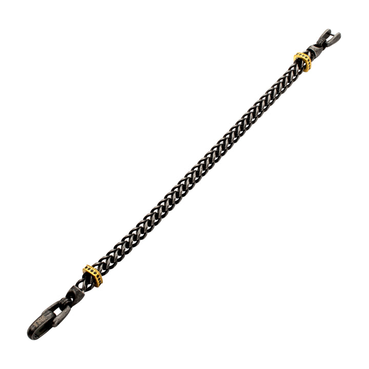 IRONWORKS-MASTER SERIES: Antiqued Steel Chevron Franco Chain Bracelet with Black Sapphire & 18Kt Gold IP Links