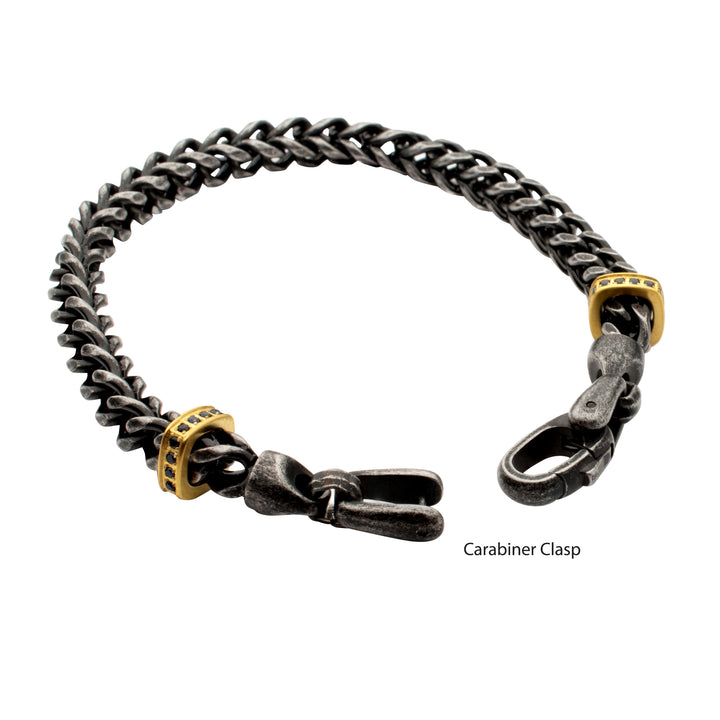 IRONWORKS-MASTER SERIES: Antiqued Steel Chevron Franco Chain Bracelet with Black Sapphire & 18Kt Gold IP Links