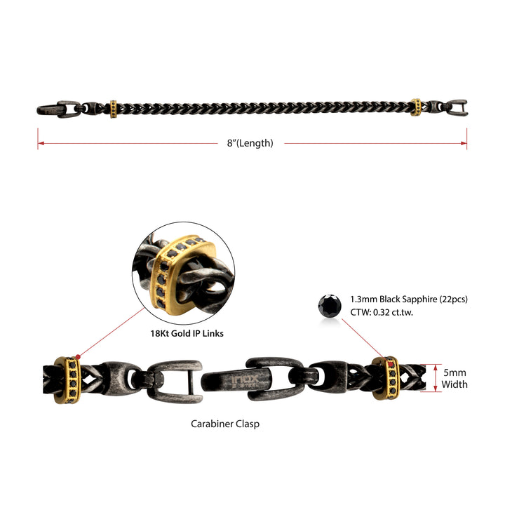 IRONWORKS-MASTER SERIES: Antiqued Steel Chevron Franco Chain Bracelet with Black Sapphire & 18Kt Gold IP Links