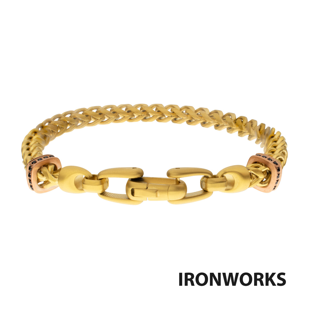 IRONWORKS-MASTER SERIES: 18Kt Gold IP Steel Chevron Franco Chain Bracelet with Black Sapphire & Rose Gold IP Links