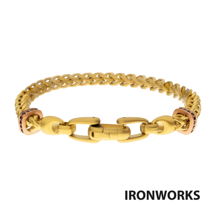IRONWORKS-MASTER SERIES: 18Kt Gold IP Steel Chevron Franco Chain Bracelet with Black Sapphire & Rose Gold IP Links