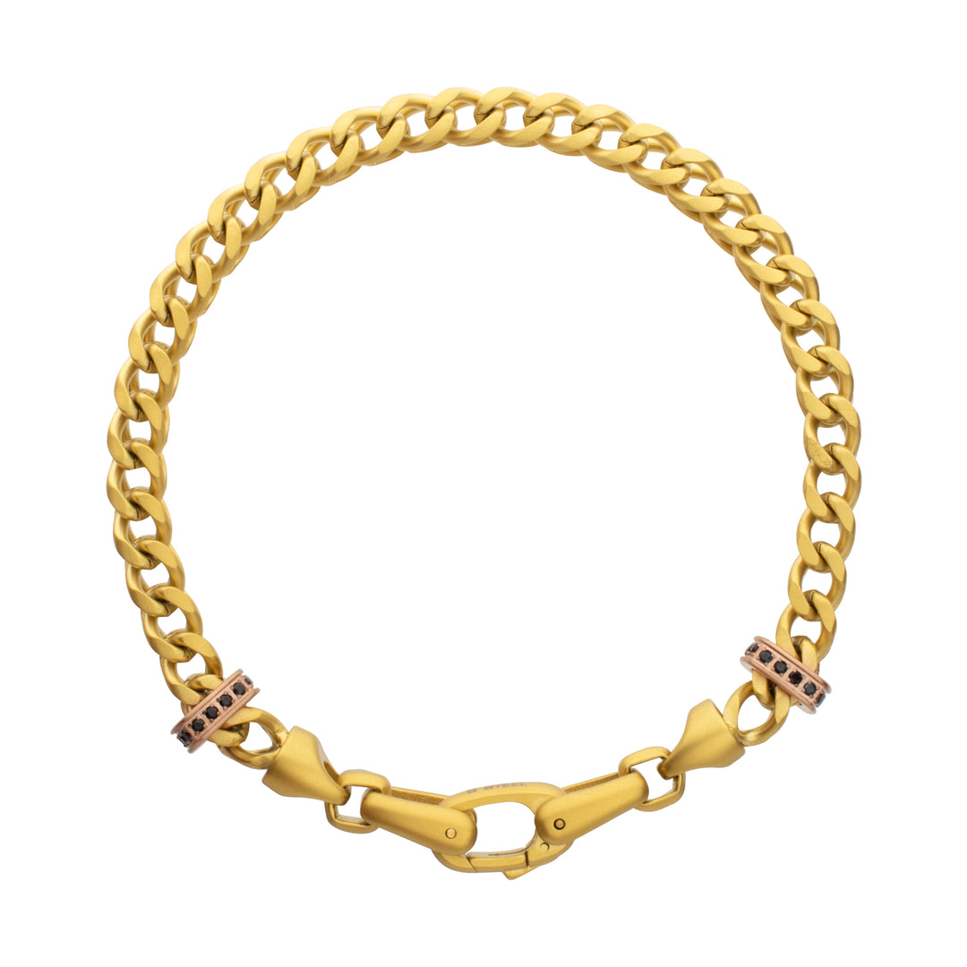 IRONWORKS-MASTER SERIES: 18Kt Gold IP Steel Chevron Franco Chain Bracelet with Black Sapphire & Rose Gold IP Links