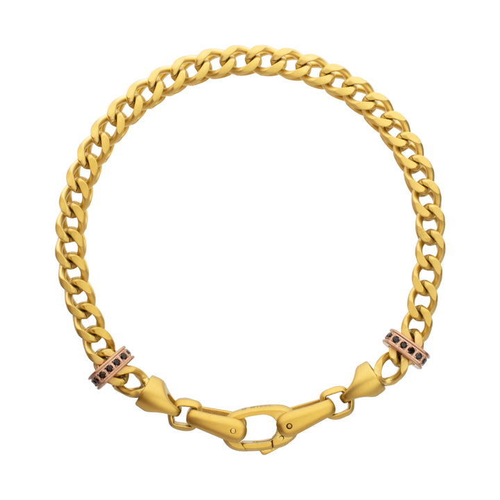 IRONWORKS-MASTER SERIES: 18Kt Gold IP Steel Chevron Franco Chain Bracelet with Black Sapphire & Rose Gold IP Links